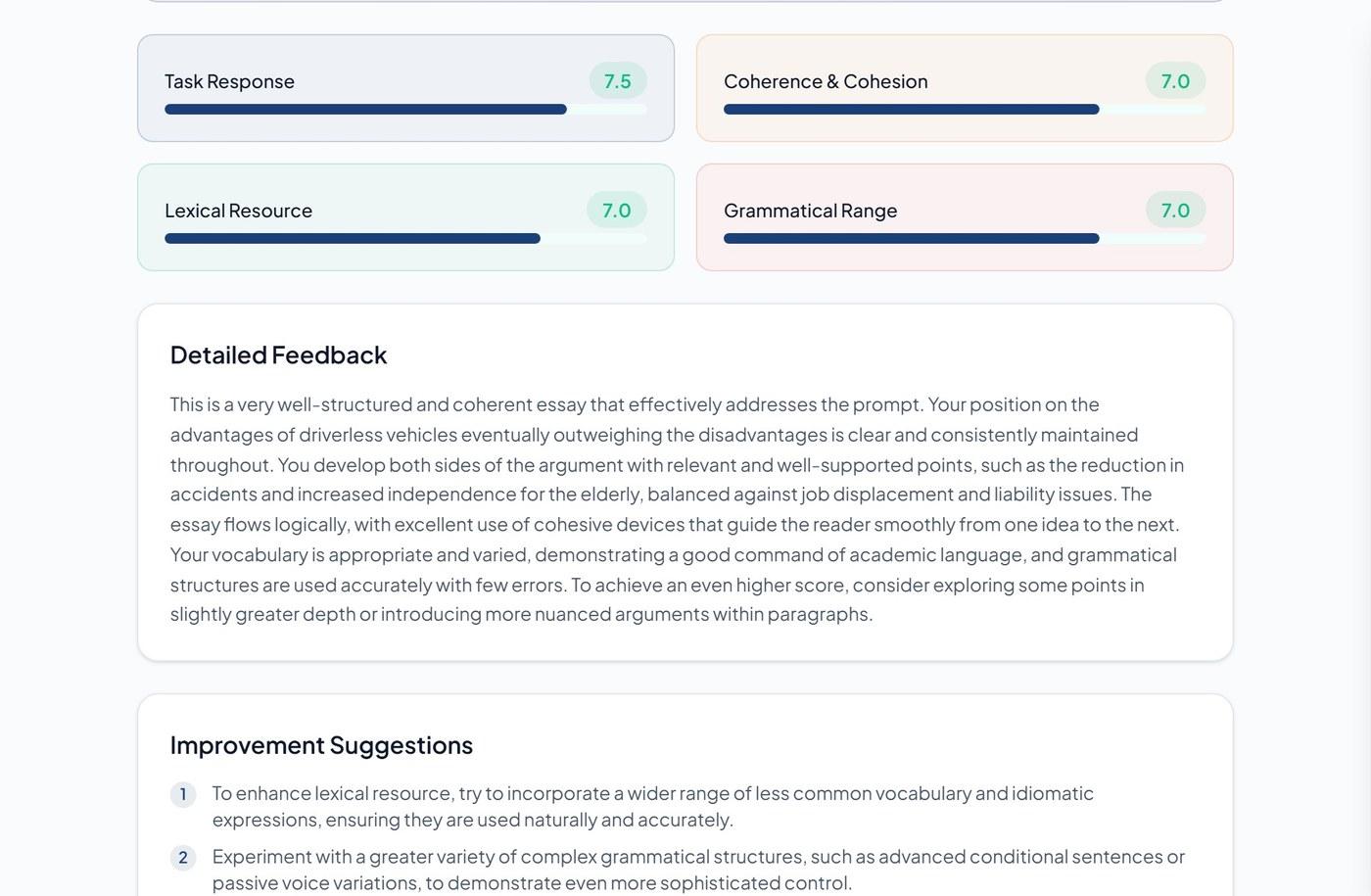Real AI scoring result: bands for all four criteria with detailed feedback and numbered improvement suggestions