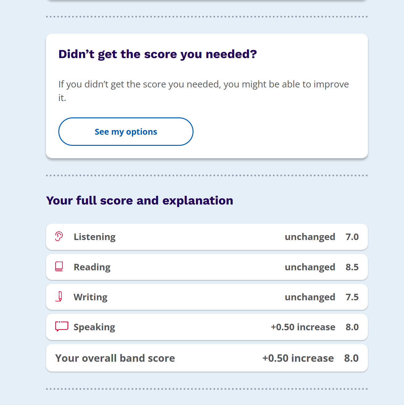 IELTS re-mark — Speaking raised +0.5 to Band 8.0, overall Band 8.0